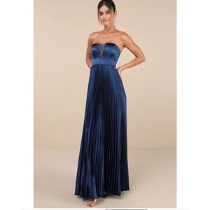 Lulus Perfected Elegance Navy Blue Satin Pleated Strapless Maxi Dress NWT XS